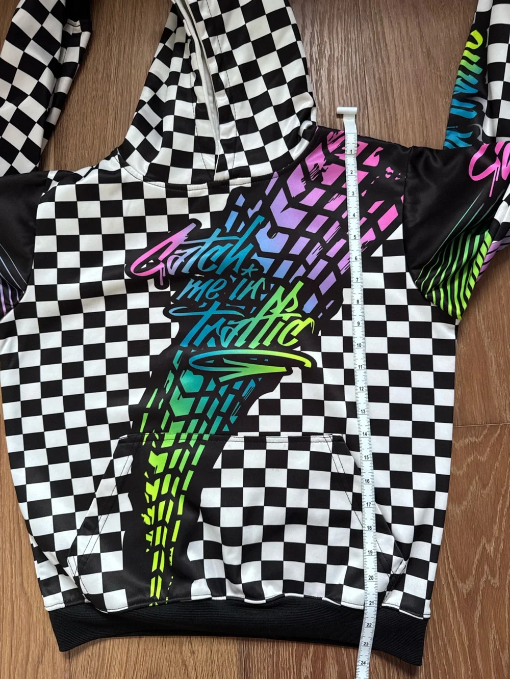 Checkerboard Hooded Sweatshirt with Neon Script CMIT Bike Catch Me in Traffic